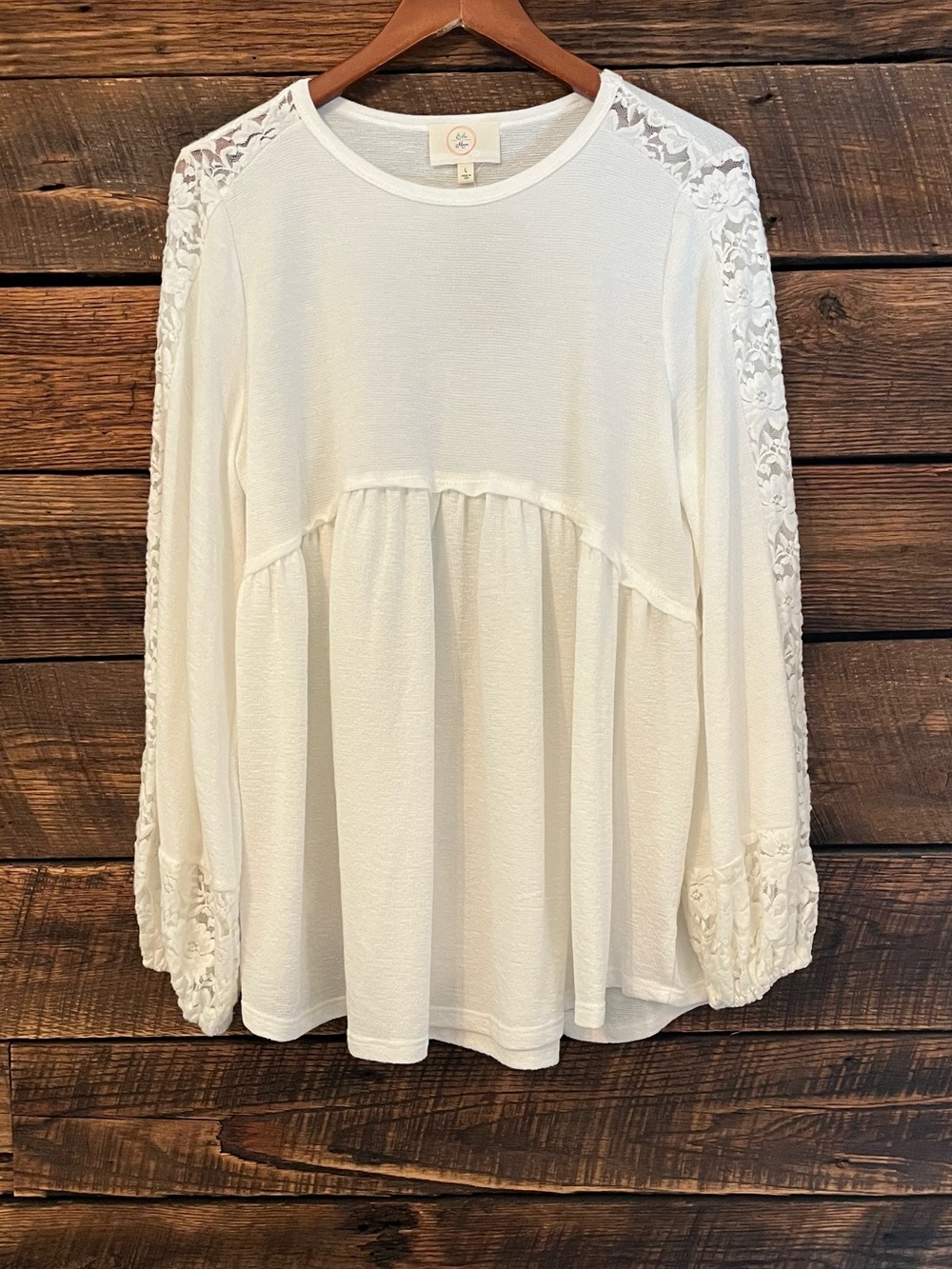 Ella Mara white waffle knit lace trim long sleeve scoop neck relaxed fit large - Picture 2 of 8